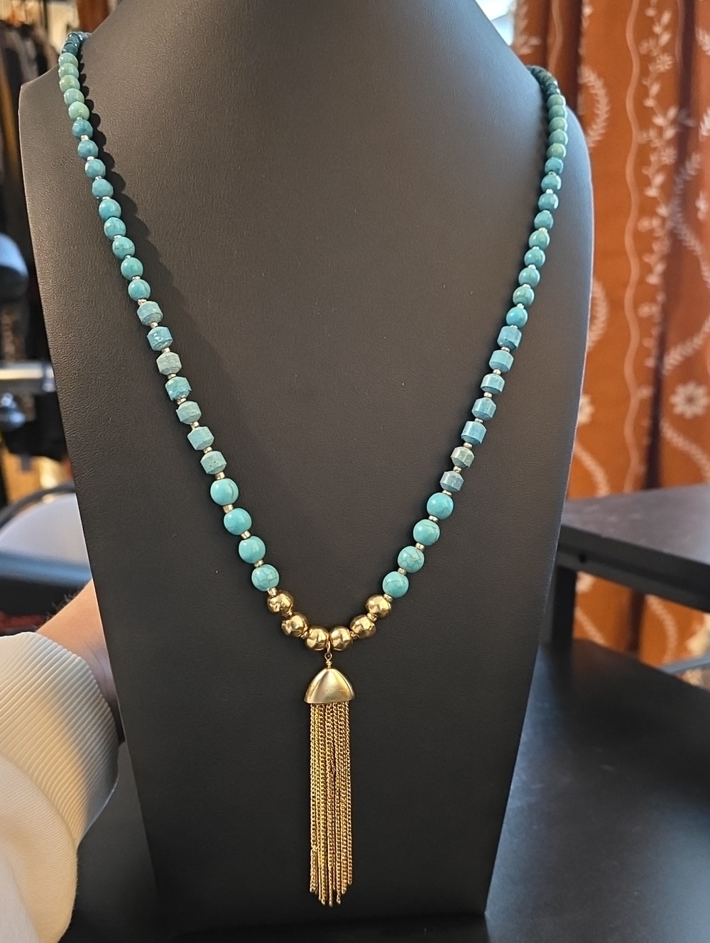 LOFT Signed Faux Turquoise Beaded Long Tassel Necklace Gold Accent Boho
